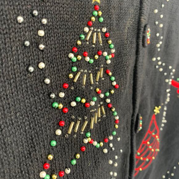 Basic Editions Holiday Vintage Black Knit Beaded Christmas Tree Sweater Vest 2X - Picture 5 of 5